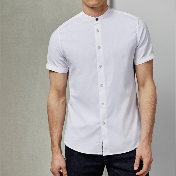 Ted Baker NWT Mens Short Sleeve Button Up Grandad Collar in White Size 1 / XS - Picture 2 of 9